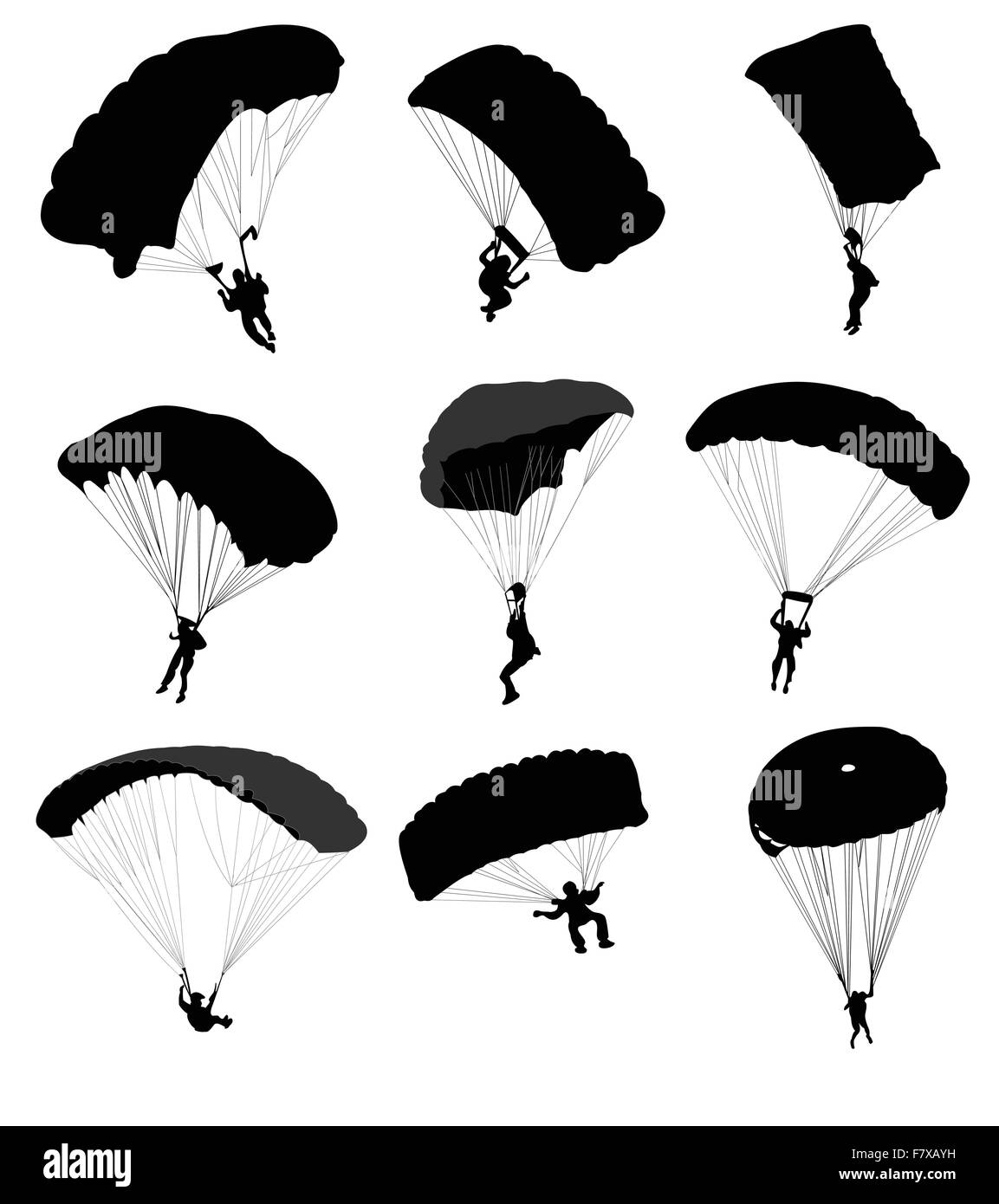 Große Sammlung von Fallschirmspringern im Flug. Vektor-illustration Stock Vektor