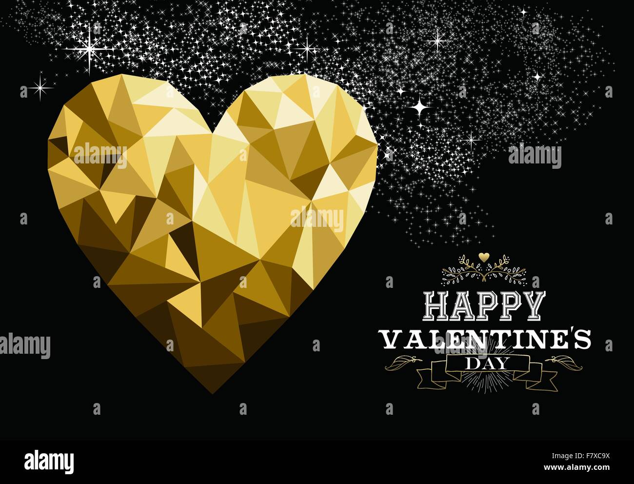 Happy Valentinstag Liebe Grußkarte mit Herz-Form-Design in gold low-Poly-Stil und Label-Dekoration. EPS10 Vektor. Stock Vektor