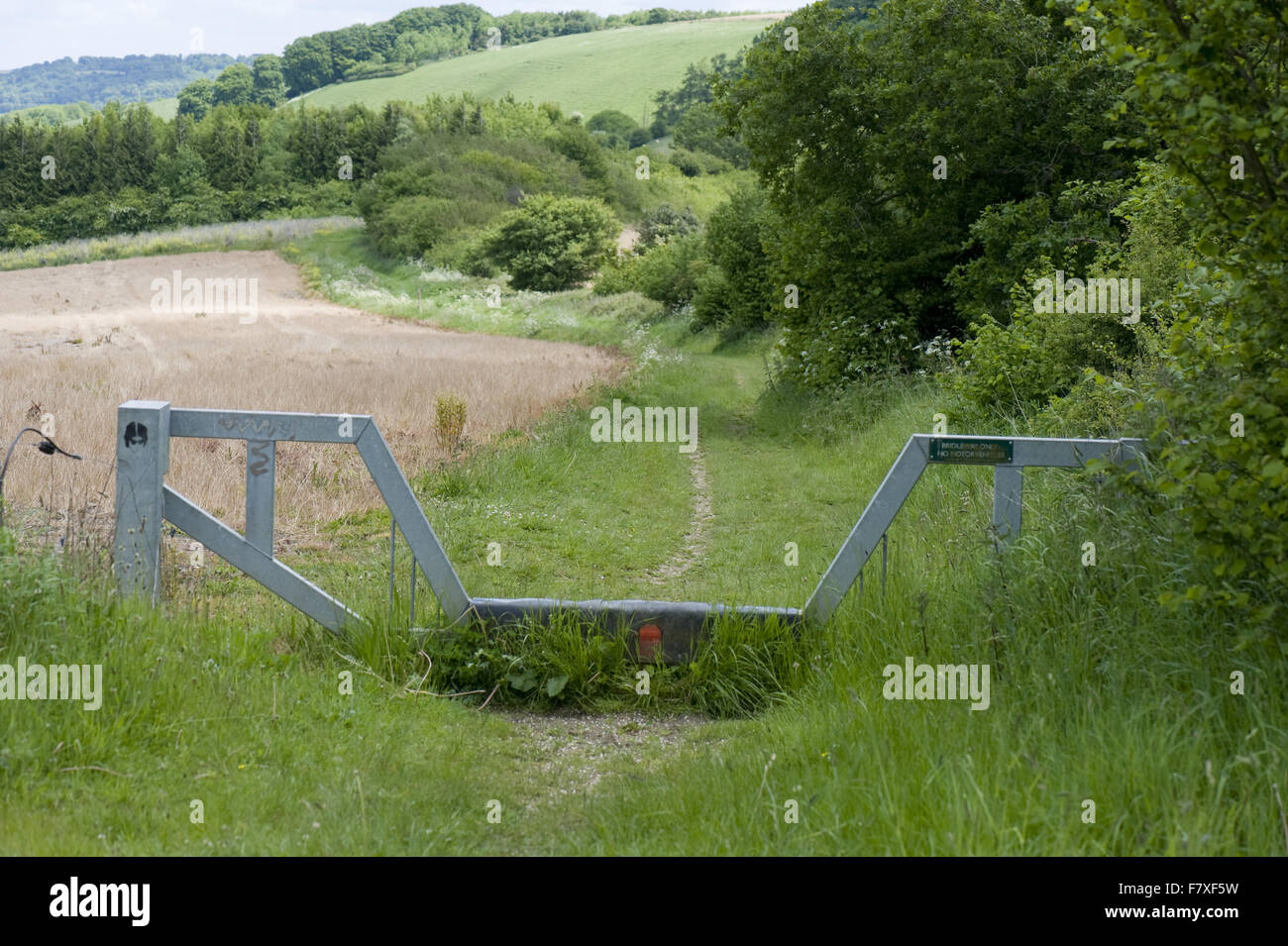 Metall Fahrzeug Schranke mit niedrigen Mittelteil für Reiter auf Maultierweg, Wessex Downs, in der Nähe von West Woodhay, Berkshire, England, Juni Stockfoto