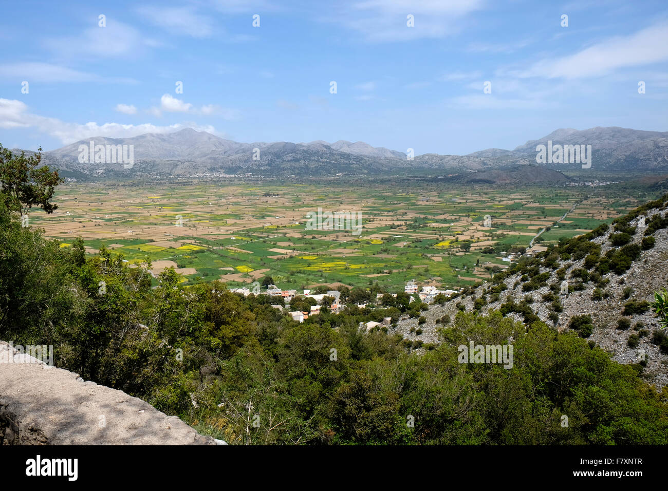 Die fruchtbare Lasithi Hochebene, Kreta, gesehen von den Hängen des Mount Dhikti. Stockfoto