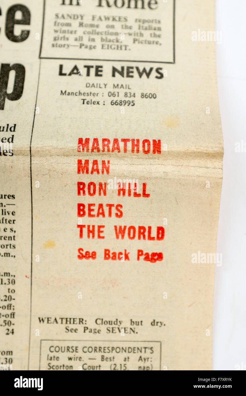 Marathon Mann Ron Hill schlägt World Record Zeitung Spätnachrichten Stockfoto