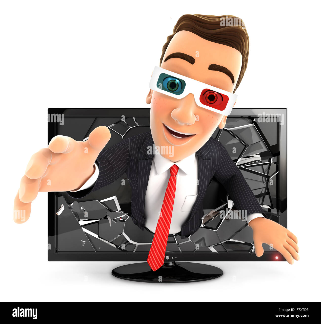 3D Geschäftsmann aus 3D-Fernsehen, isolierten weißen Hintergrund Stockfoto