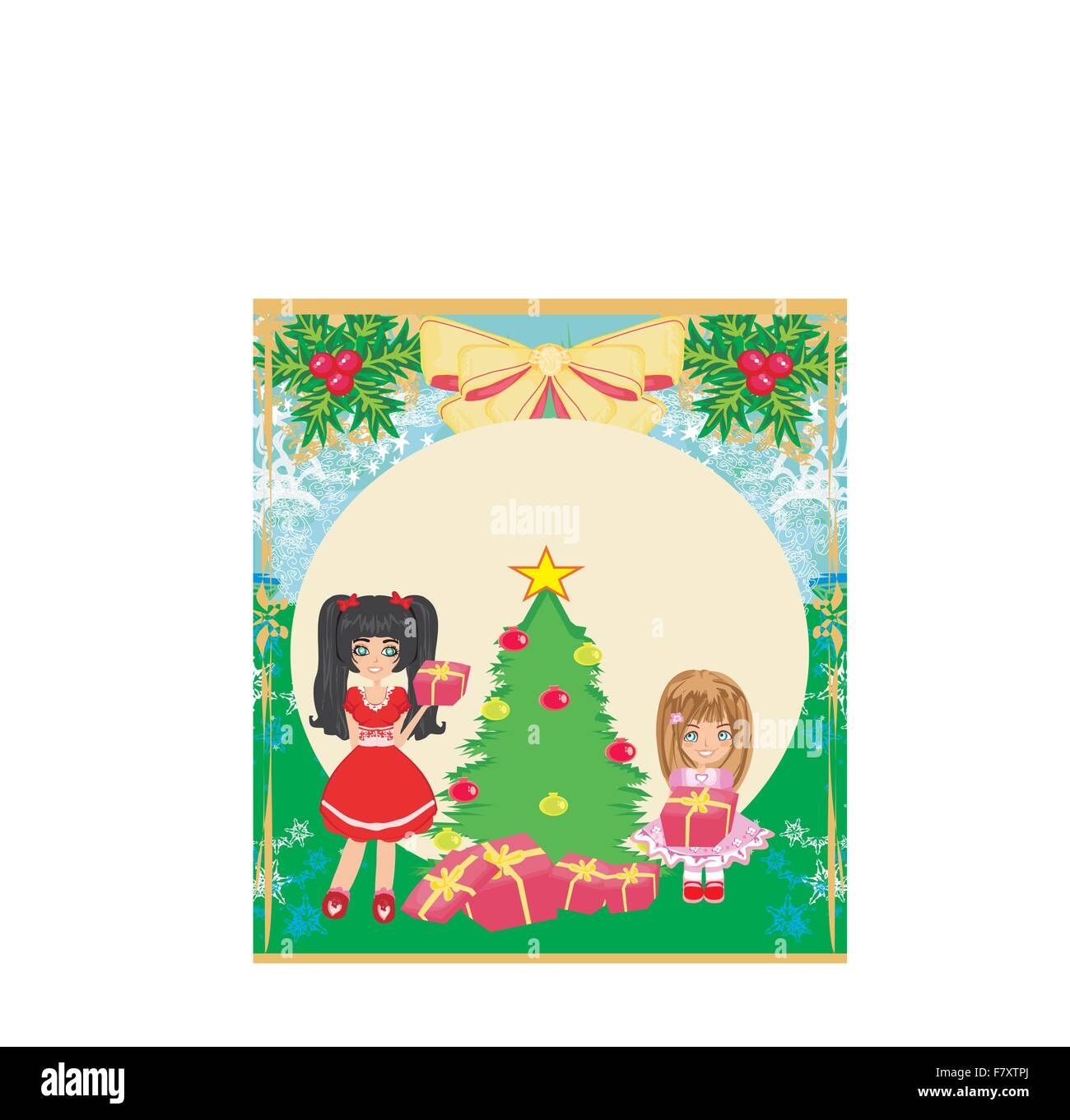 Weihnachten Hintergrund mit Weihnachtsbaum und Mädchen mit Geschenken Stock Vektor