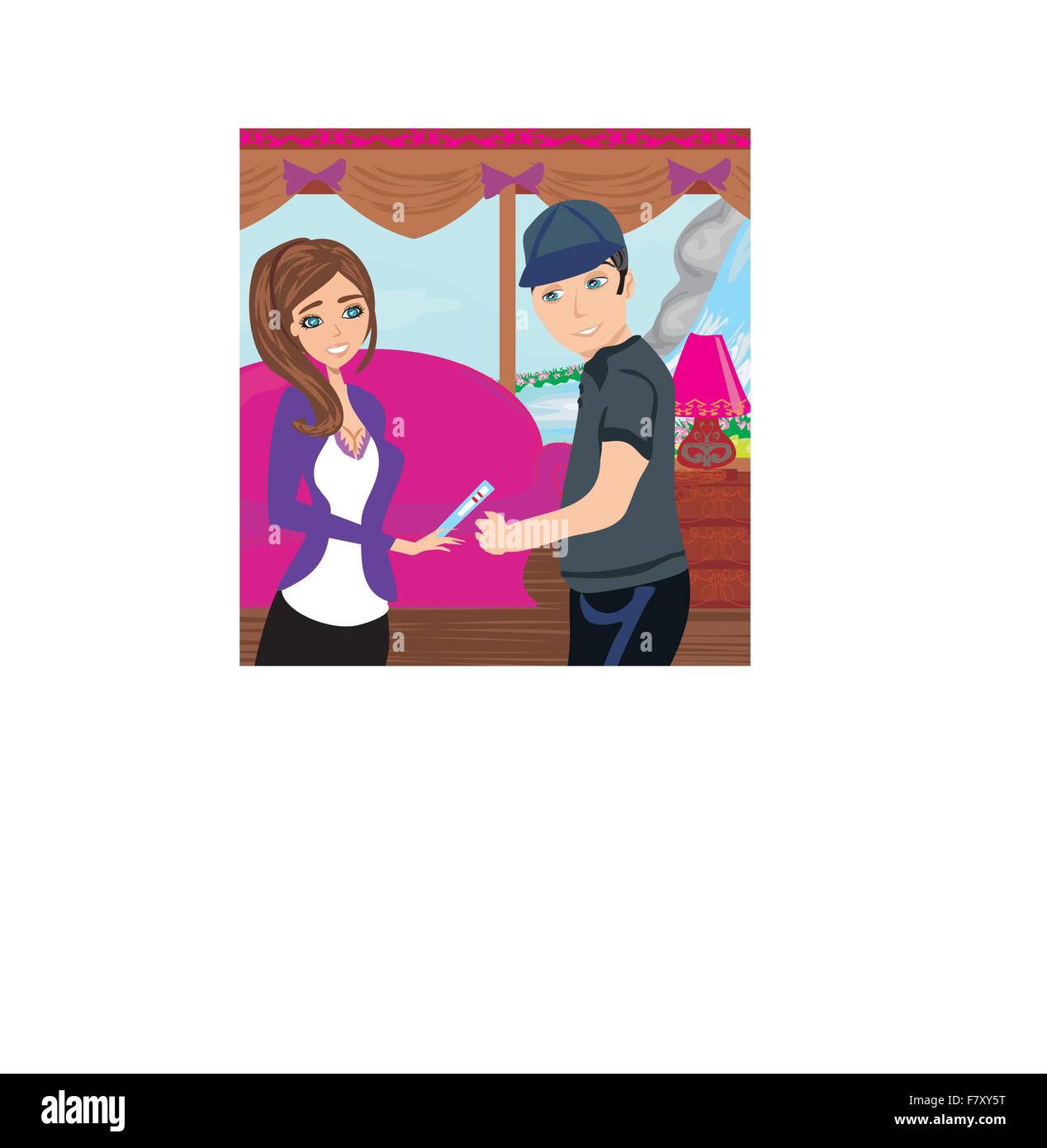 Lächelnde paar herauszufinden, Ergebnisse der einen Schwangerschaftstest Stock Vektor