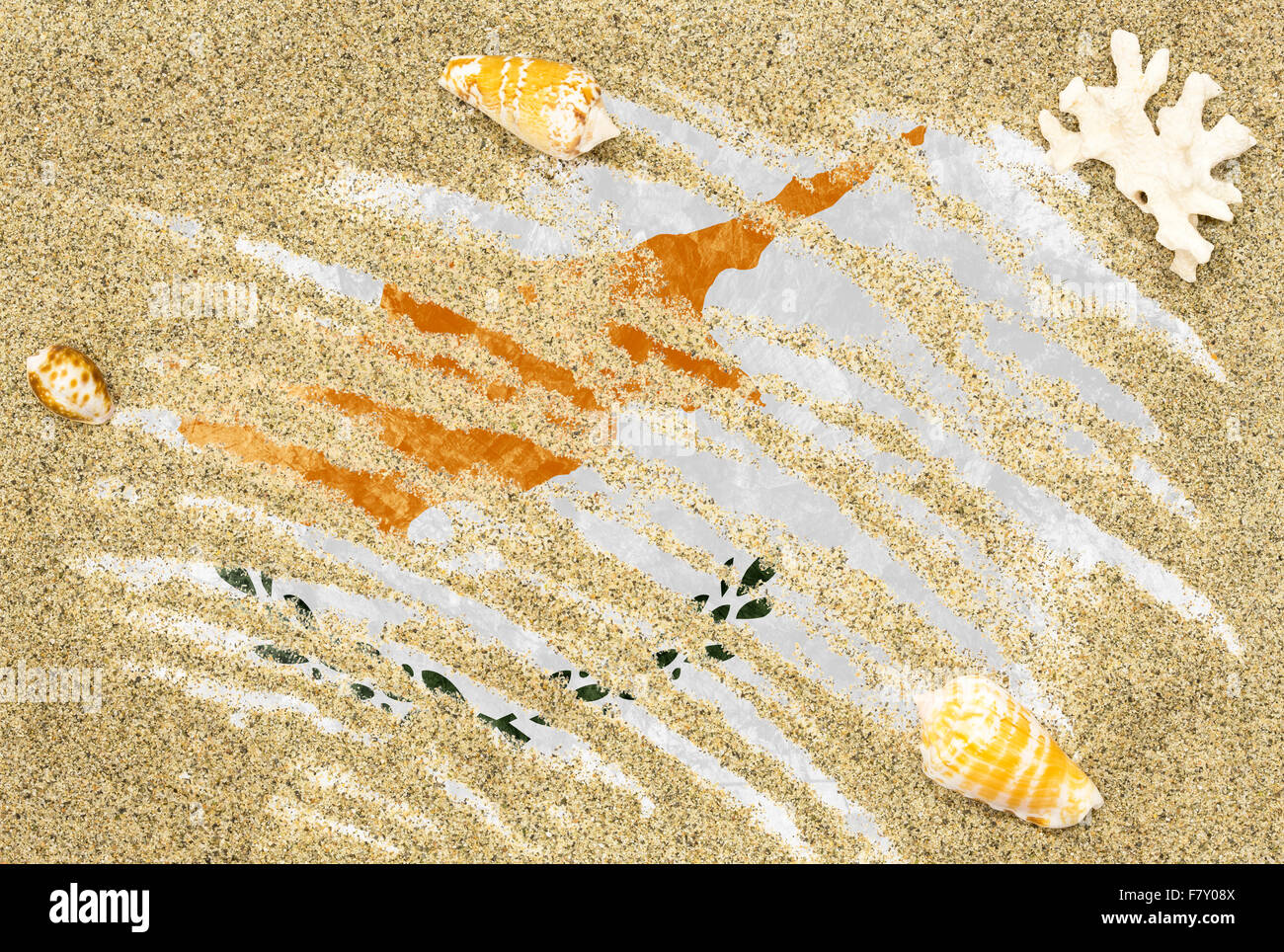 Nationalen Landesflagge von Cipro unter einem Strand Hintergrund mit Sand, Muscheln und Korallen Stockfoto