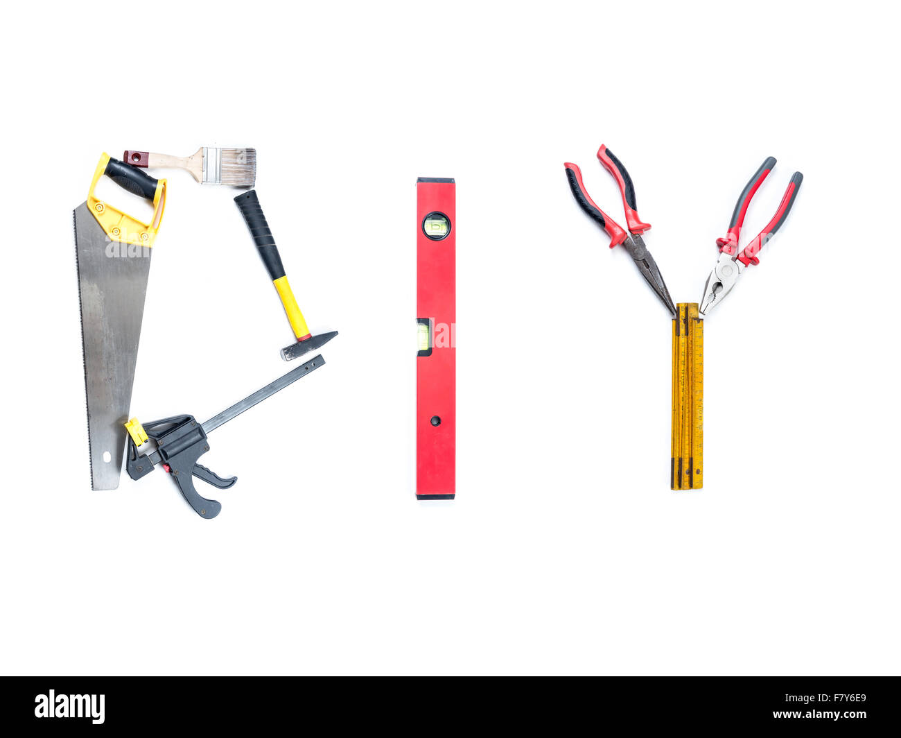 DIY Akronym von verschiedenen Werkzeugen und Zubehör auf weißen erschossen angeordnet Stockfoto