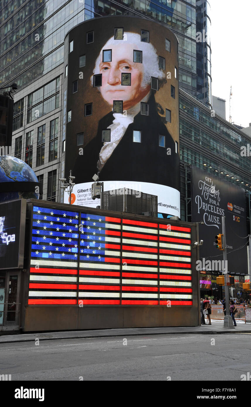 Gilbert Stuart Schmerzen von George Washington erscheint auf digitale Plakatwand am New Yorker Times Square während der Veranstaltung Kunst überall. Stockfoto