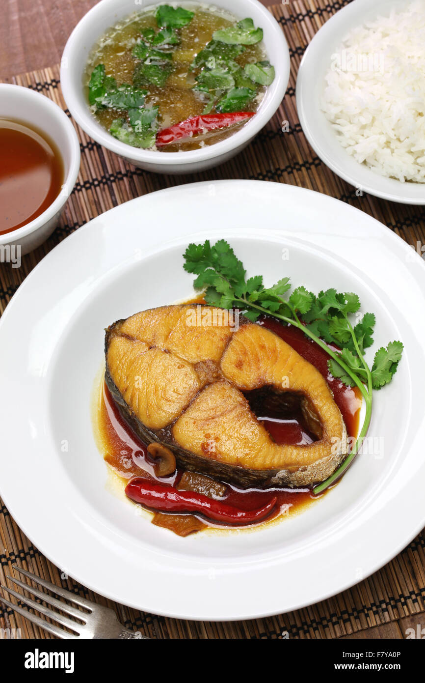 com-ca do Kho, Reis mit Königsmakrele geschmort in karamellisierter Soße, vietnamesische Küche Stockfoto