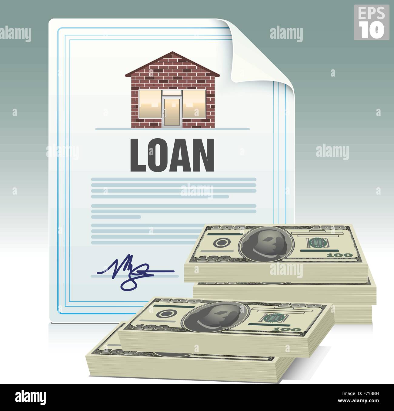 Geschäft oder Hauptverbesserung Darlehen Dokument mit Geld unterzeichnet Stock Vektor