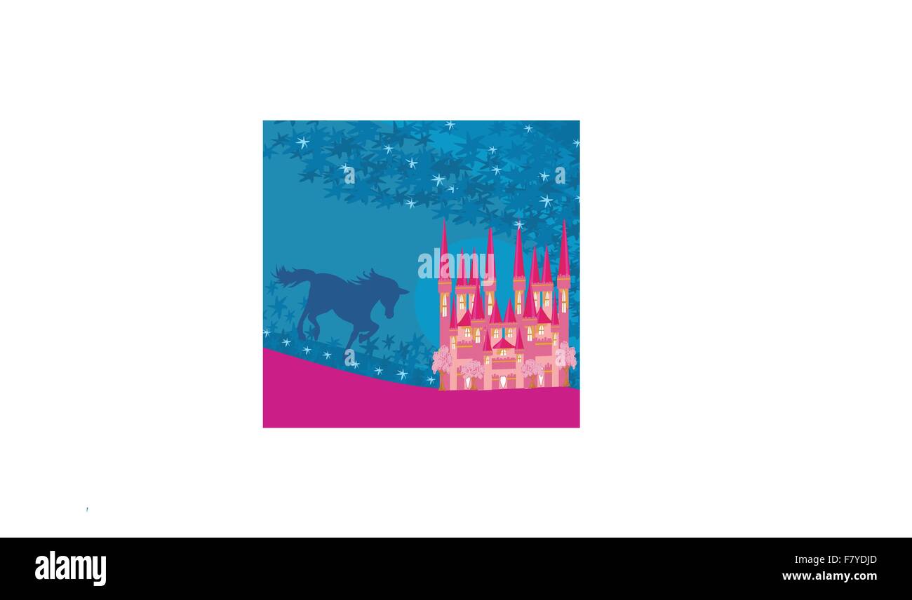 abstraktes Bild eines rosa Schloss und Einhorn Stock Vektor