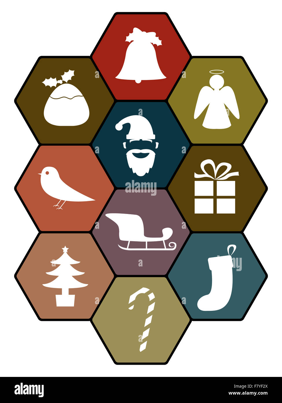 Weihnachten-Symbole auf farbige Sechsecke isoliert auf weißem Hintergrund Stockfoto
