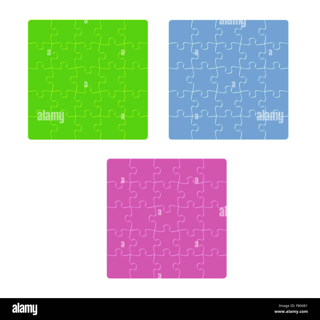 drei Puzzle Farbfelder mit abgerundeten Stücken in der Ecke auf w Stock Vektor