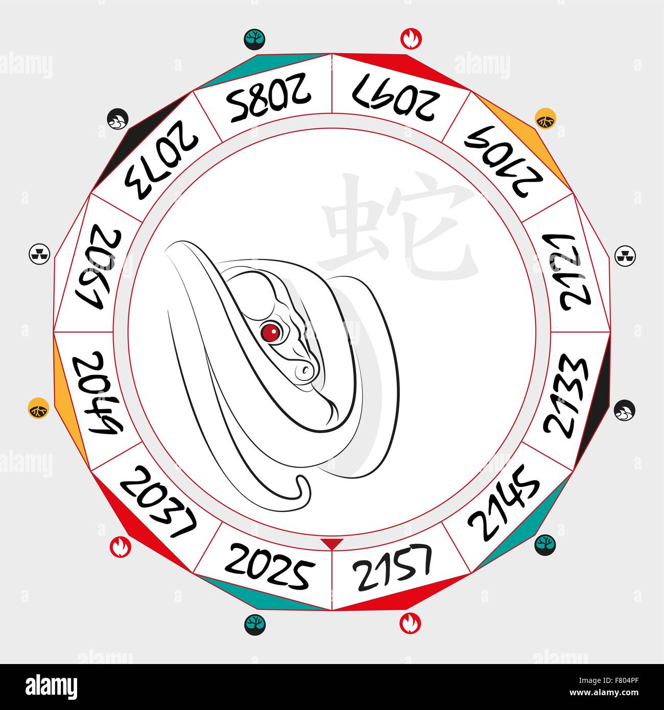 Chinesische Sternzeichen Schlange in einem runden Grundriss. Die Hieroglyphe des Wortes ist vertreten - "Snake". Vektor-Illustration. Stock Vektor
