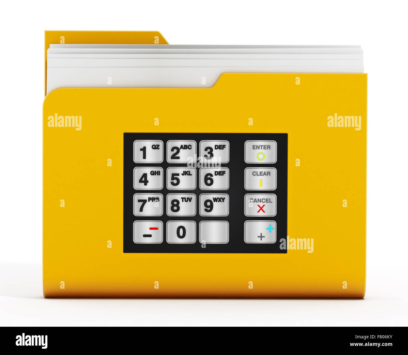 ATM-Tastatur am Ordnersymbol mit Dokumenten isoliert auf weißem Hintergrund Stockfoto