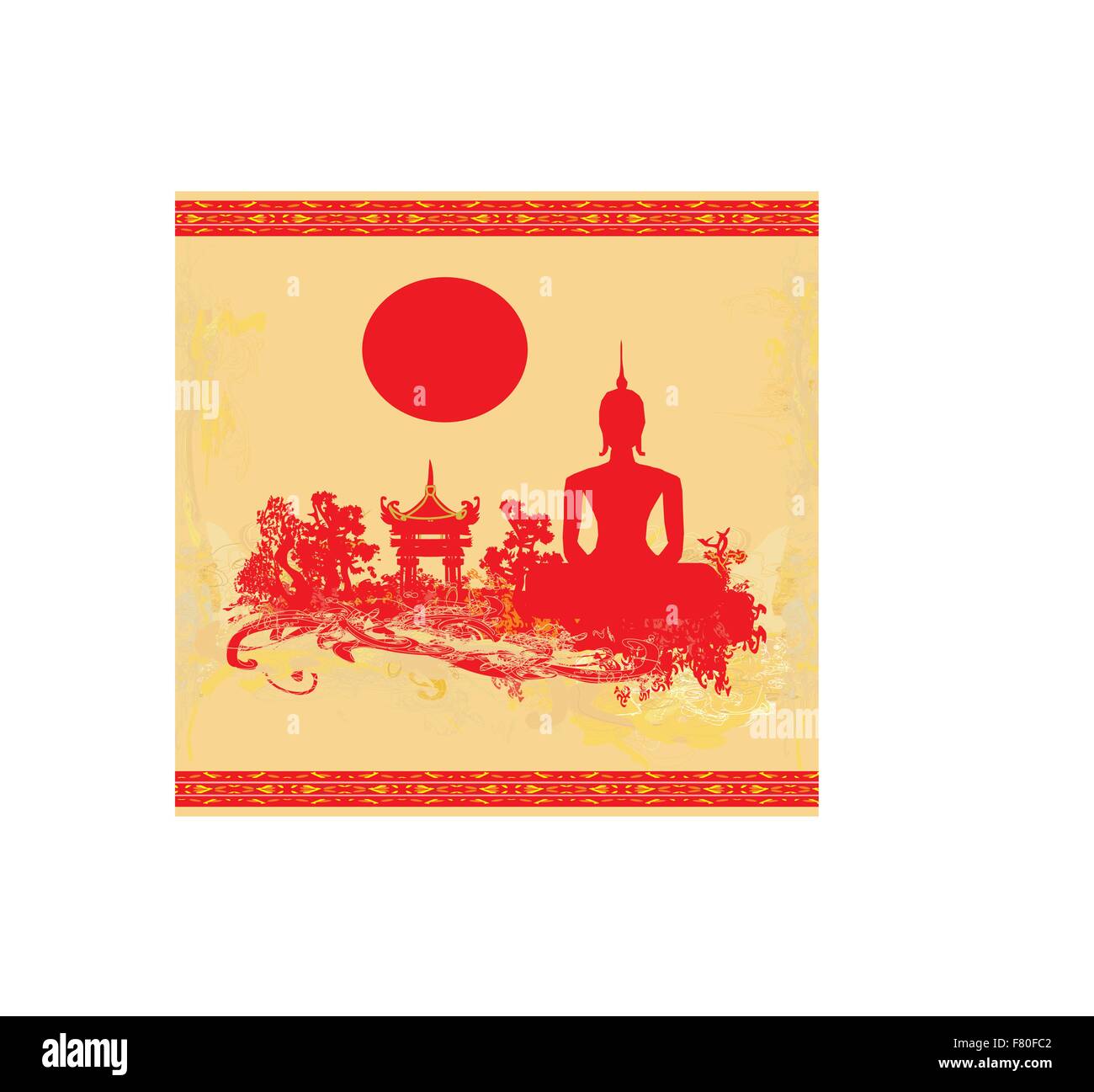 Silhouette eines Buddha, asiatische Landschaft im Grunge-Textur Stock Vektor