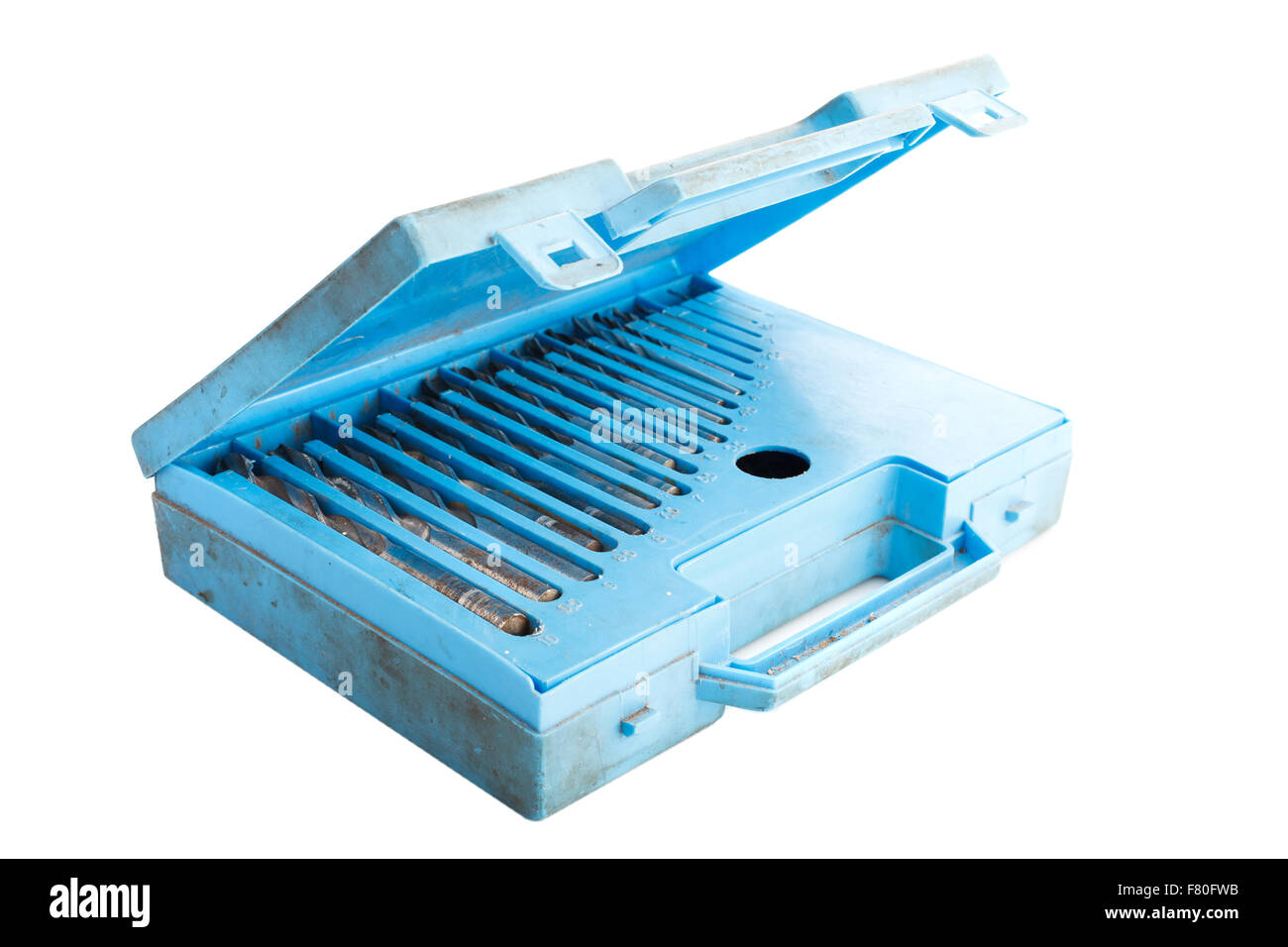 Bohrer set in Box auf weißem Hintergrund Stockfoto