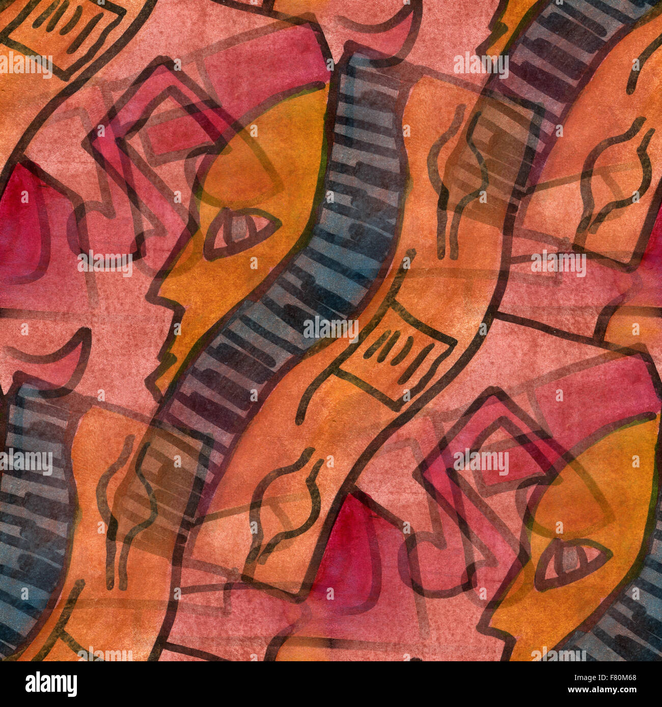 Kubismus orange Gesicht Hinweis Palette Grafik Bild nahtlose Textur Aquarell Künstler Hintergrundgrafik Stockfoto