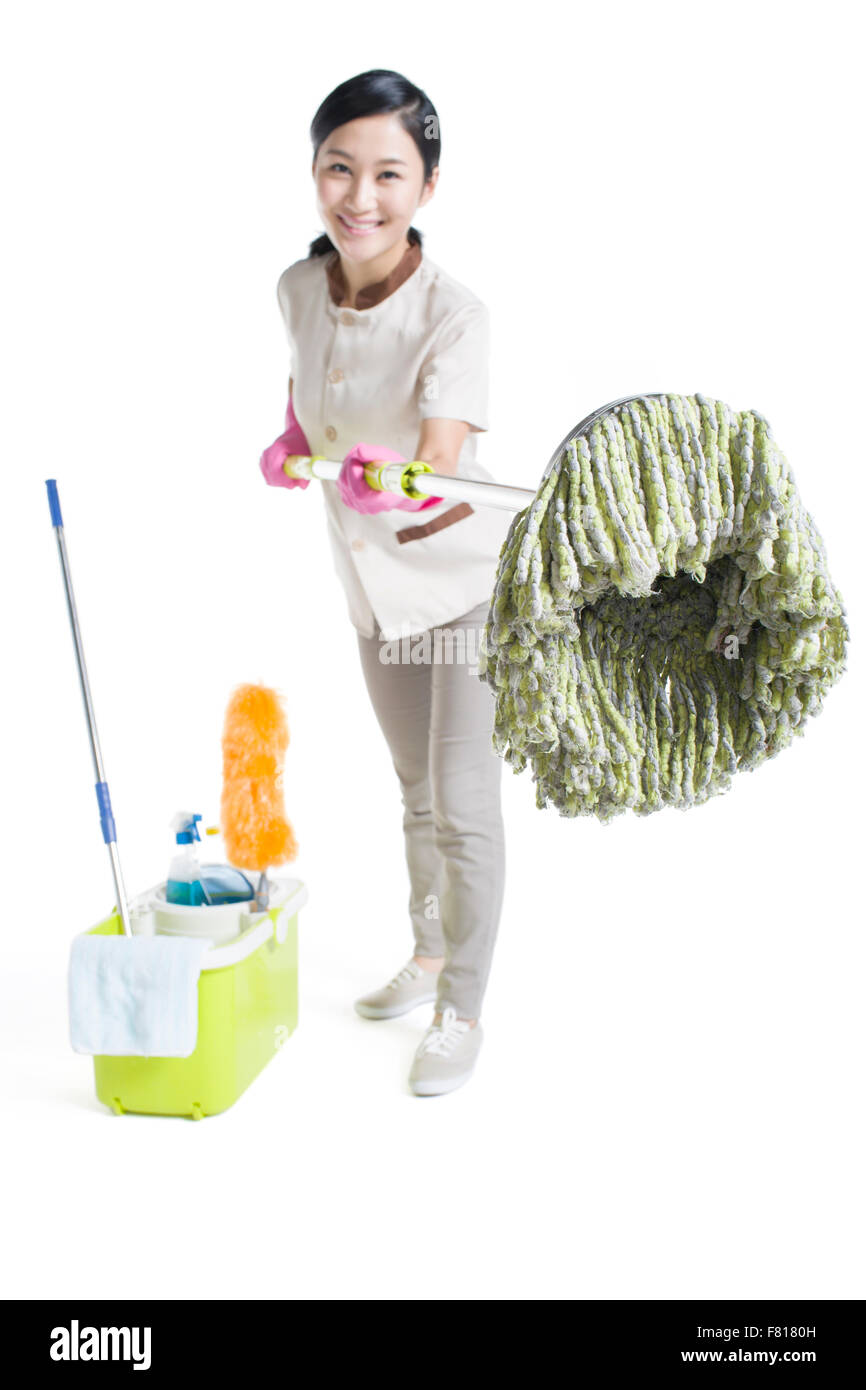 Reiniger mit einem Mopp Stockfoto