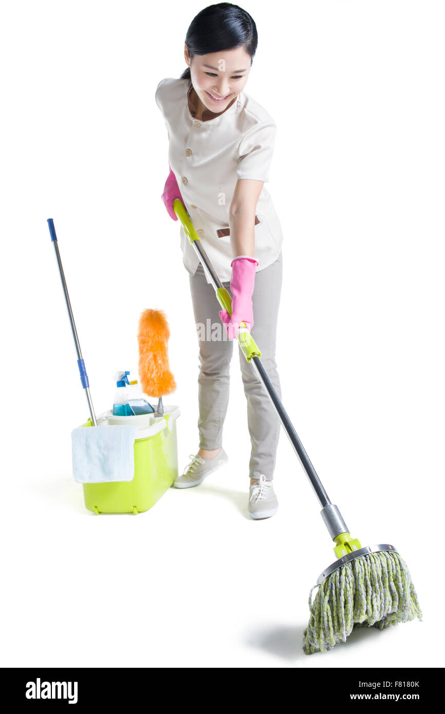 Reiniger mit einem Mopp Stockfoto