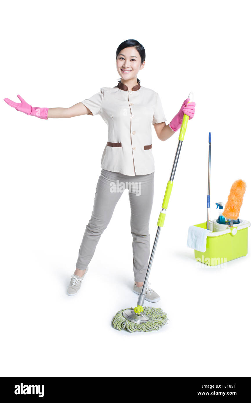 Reiniger mit einem Mopp Stockfoto