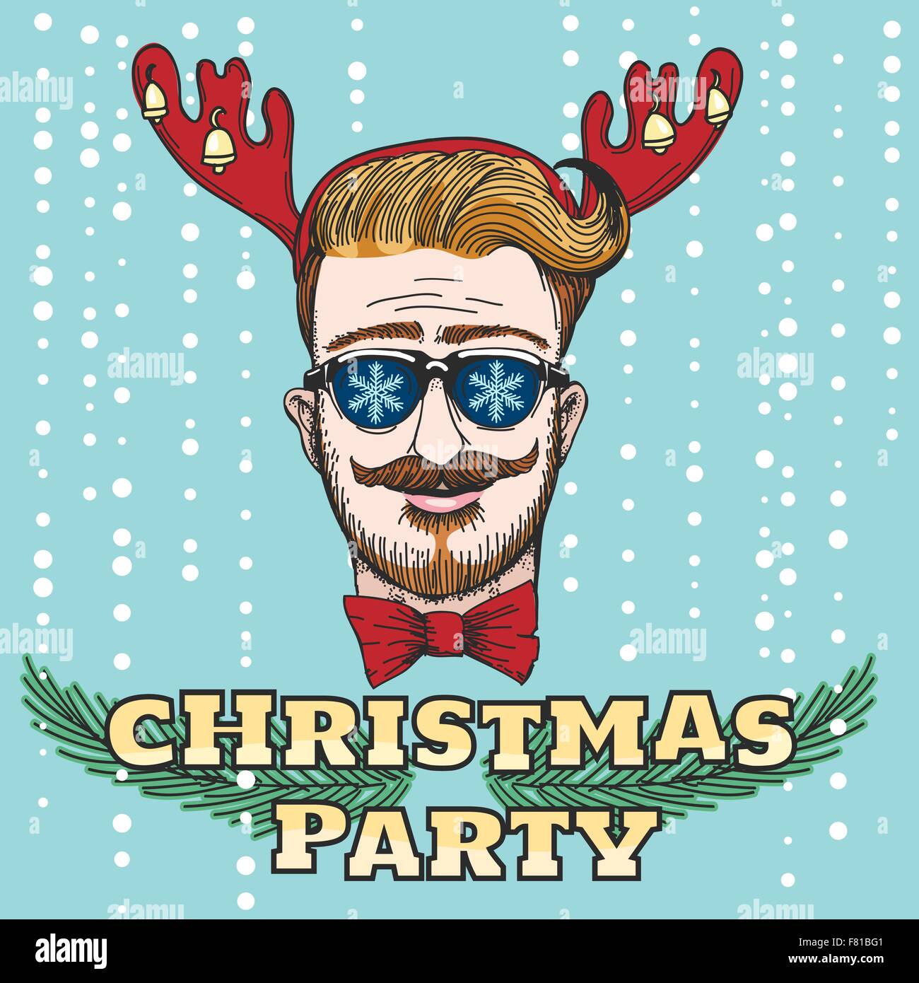 Christmas Party Design mit Hipster Kopf mit Spielzeug Rentier Hörner und Schriftzug Weihnachtsfeier. Handgemalte bunte illustration Stock Vektor
