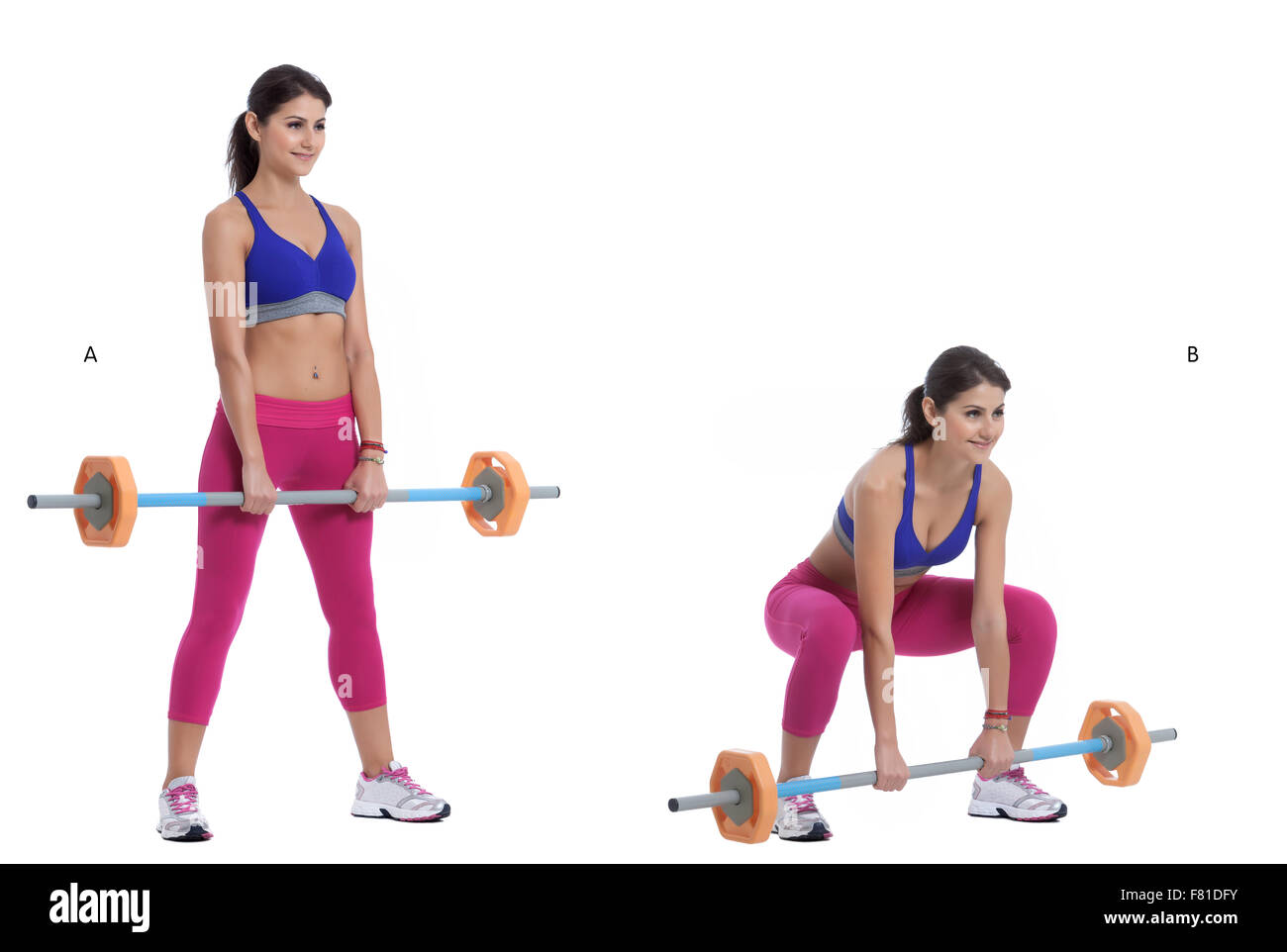 Schritt für Schritt Anleitung: Stellen Sie sich unter einer Langhantel Besitz ein squat Rack. Halten Sie Ihre Ellbogen hoch, legen Sie Ihre Arme Stockfoto