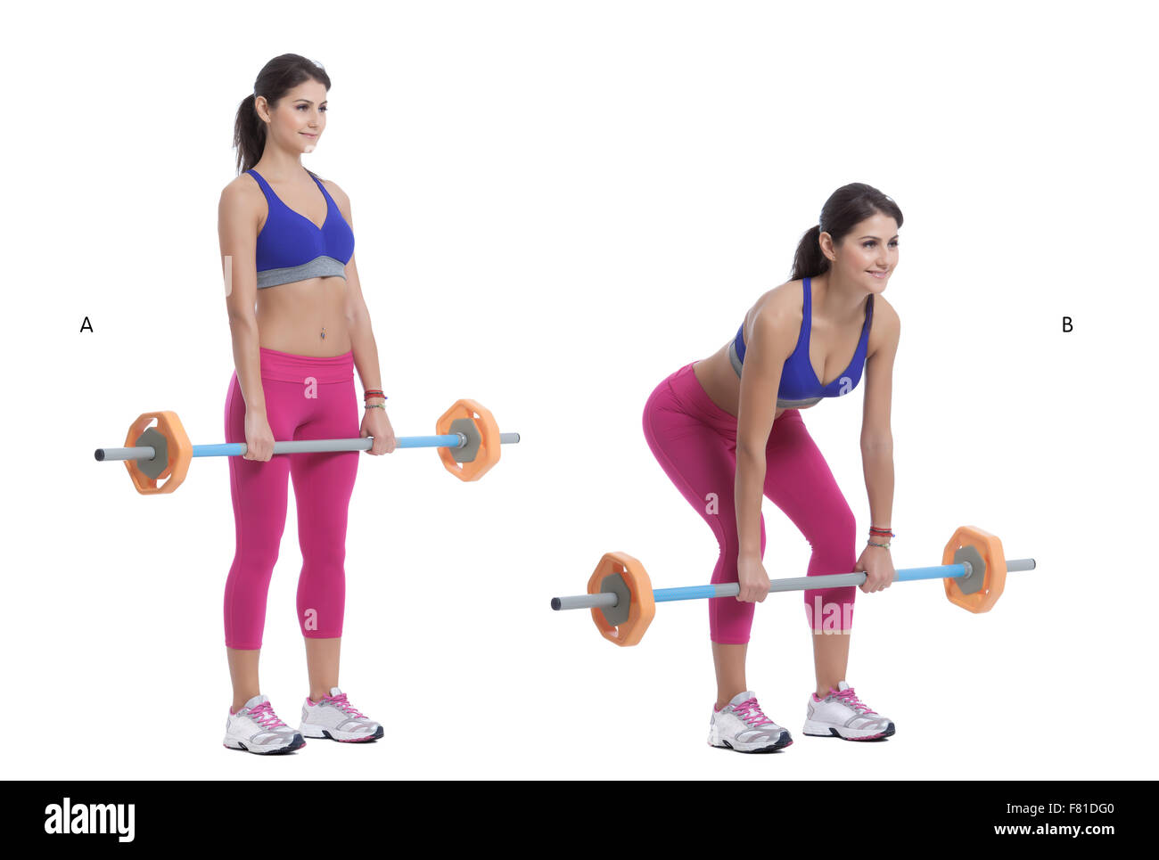 Schritt für Schritt Anleitung: Stellen Sie sich unter einer Langhantel Besitz ein squat Rack. Halten Sie Ihre Ellbogen hoch, legen Sie Ihre Arme Stockfoto