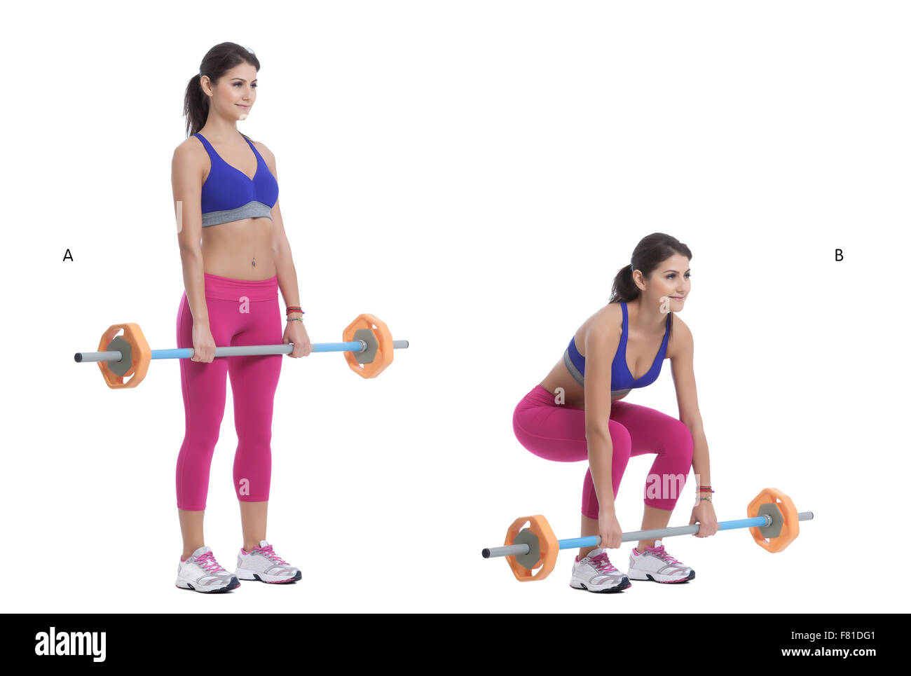 Schritt für Schritt Anleitung: Stellen Sie sich unter einer Langhantel Besitz ein squat Rack. Halten Sie Ihre Ellbogen hoch, legen Sie Ihre Arme Stockfoto