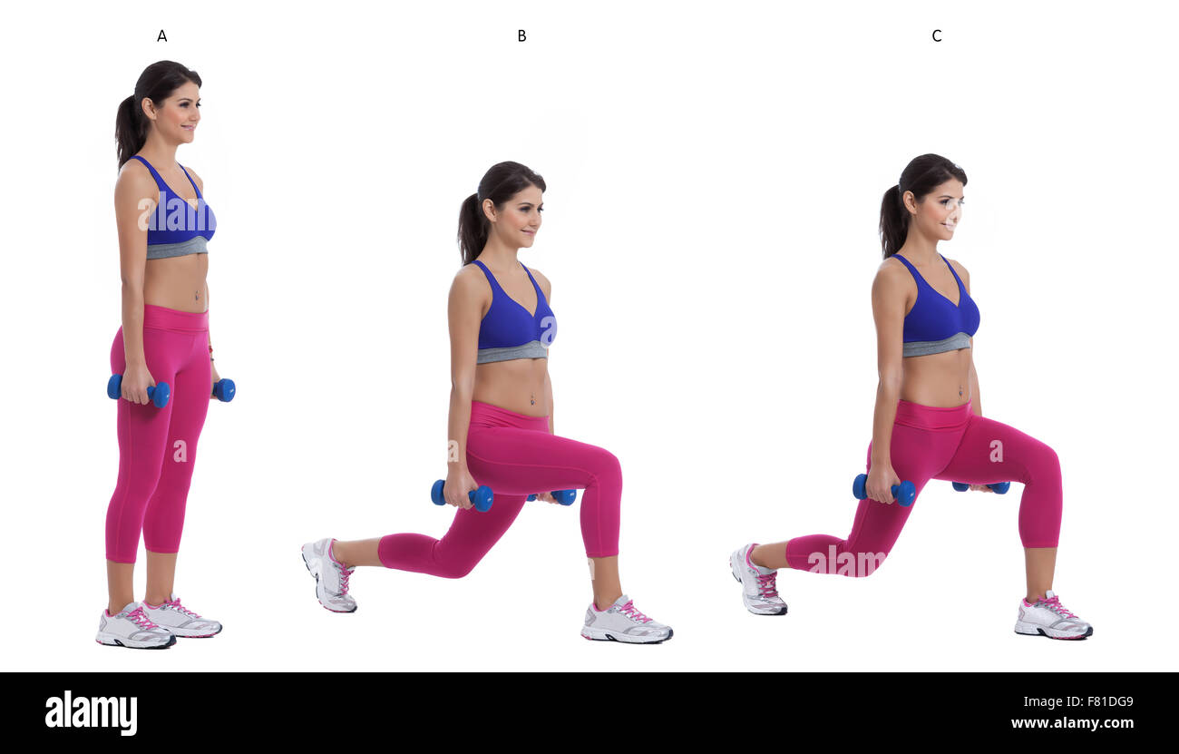 Schritt-für-Schritt-Anleitung: ein paar Hanteln auf Armlänge neben Ihren Seiten, Ihre Handflächen einander zu halten. Standplatz hoch Stockfoto