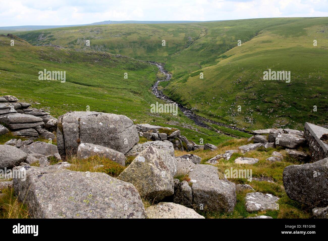 Mit Blick auf Tavy Spalten aus Ger Tor, Dartmoor, Devon, England, UK Stockfoto