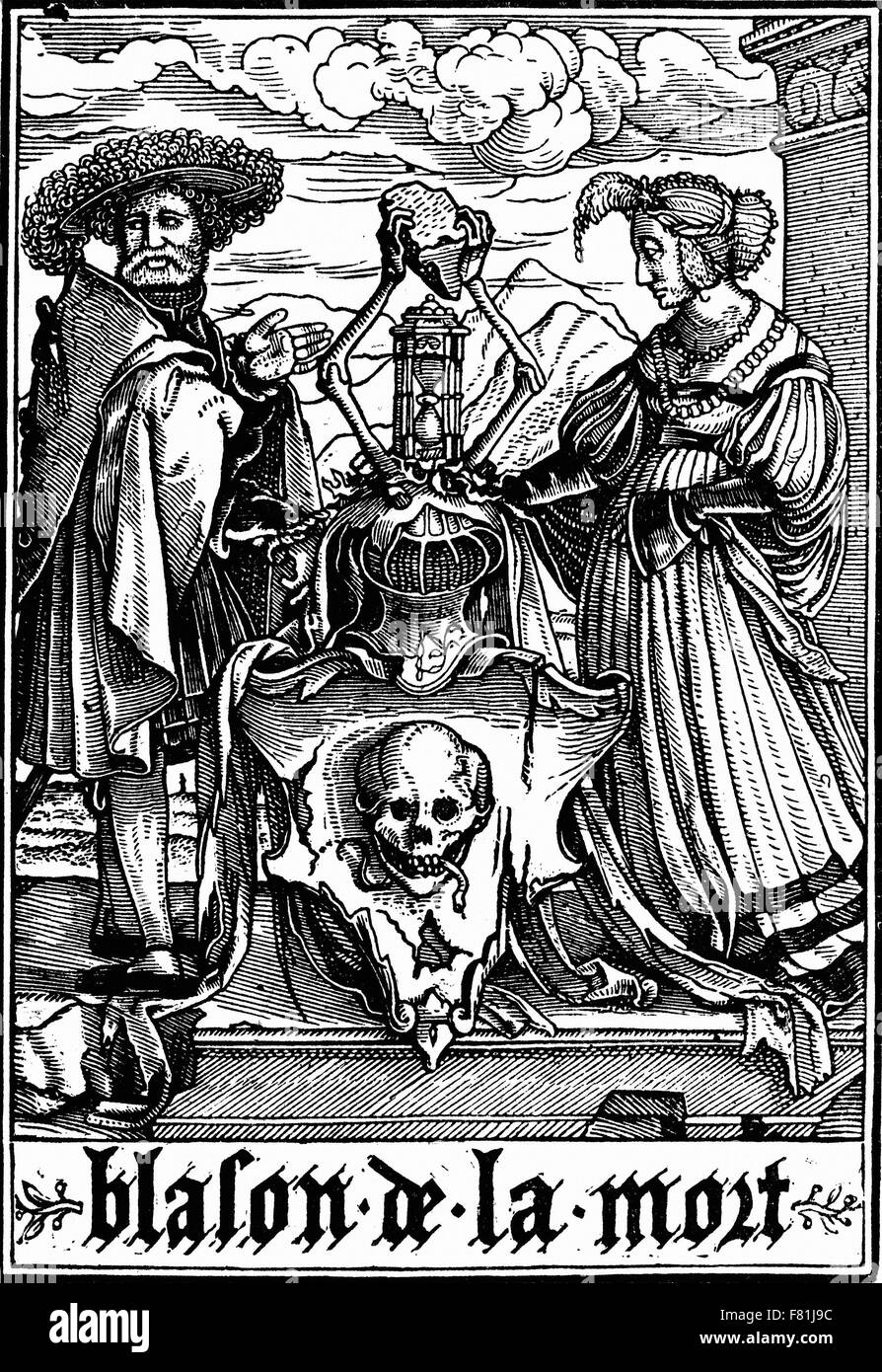 Hans Holbein der jüngere - die Arme des Todes, aus "Les Simulakren De La Mort" (Dance of Death) - Holzstich Stockfoto