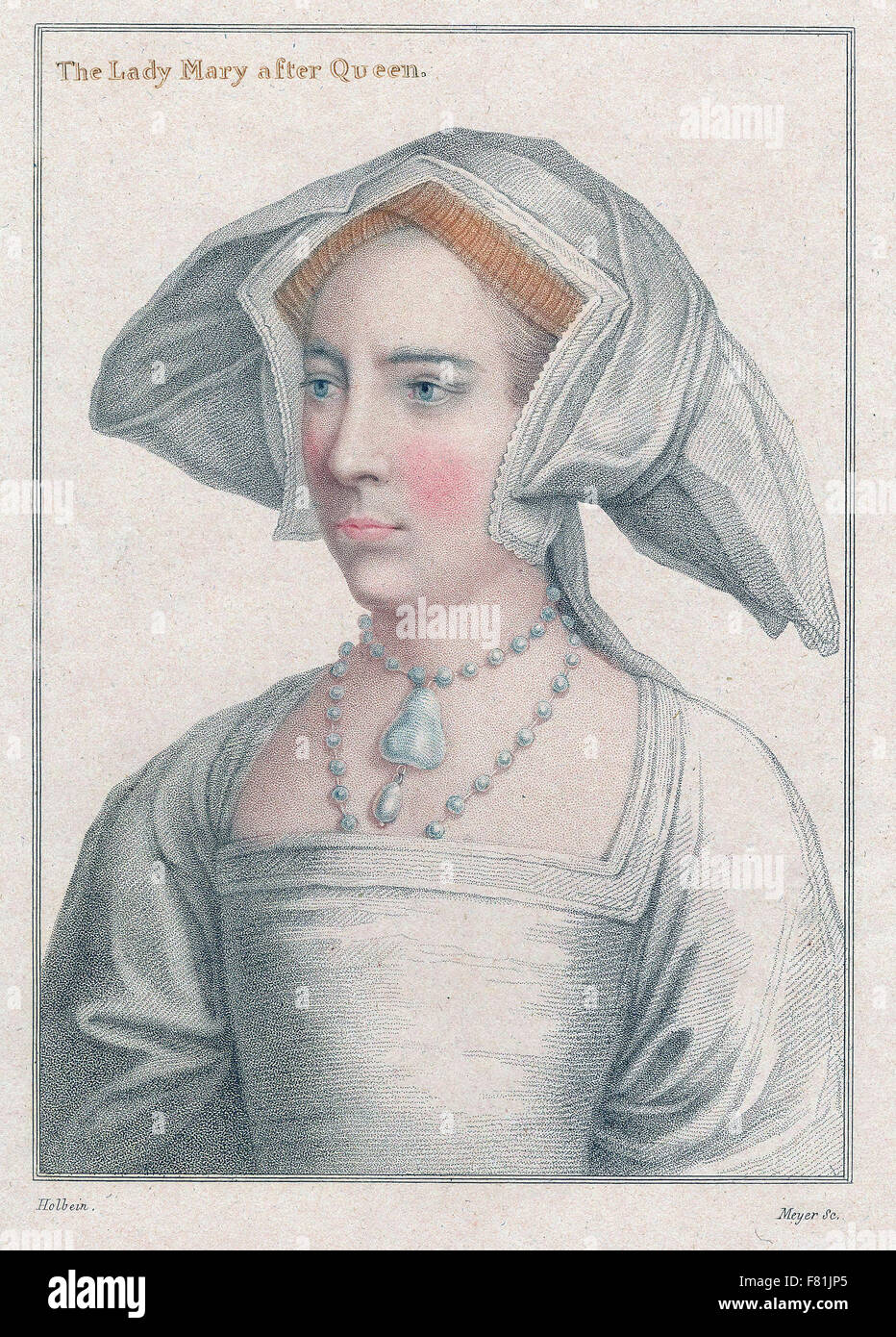Mary Tudor (Bloody Mary) Tochter von Heinrich VIII. und Katharina von Aragon, Halbschwester von Elizabeth I - Gravur Stockfoto