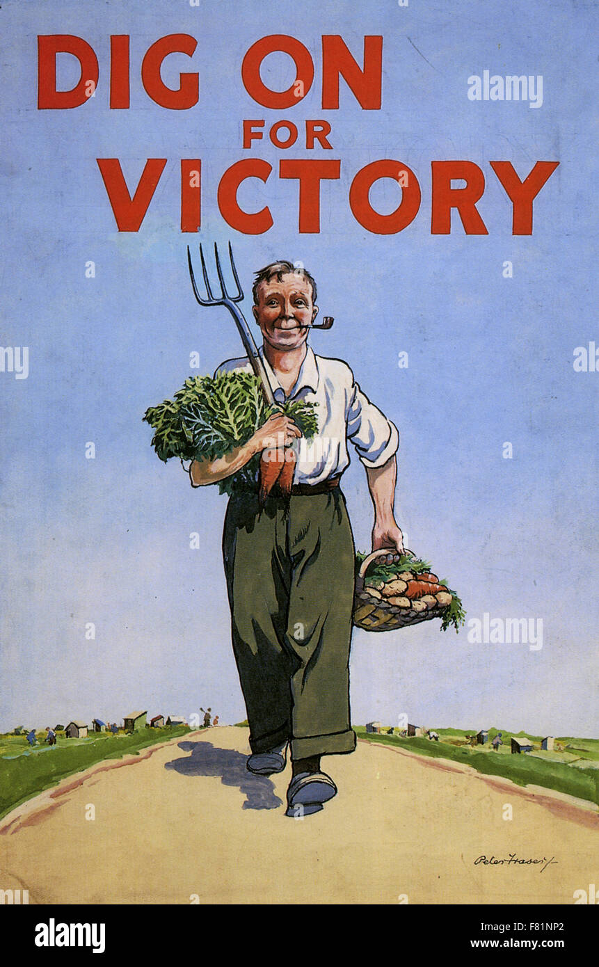ON für Sieg Graben WW2 britischen Ministerium für Landwirtschaft Posterdesign über 1944 von Peter Fraser. Eine Grabung für Siegesserie im Jahr 1941 begonnenen Teil. Fraser wurde 1888 in Schottland geboren. Er war ein sehr produktiver Künstler bis zu seinem Tod im Jahr 1950. Der Wortlaut spiegelt Bedenken, die mit dem Ende des Krieges in der Seite Lebensmittelproduktion nachzulassen begann. Stockfoto