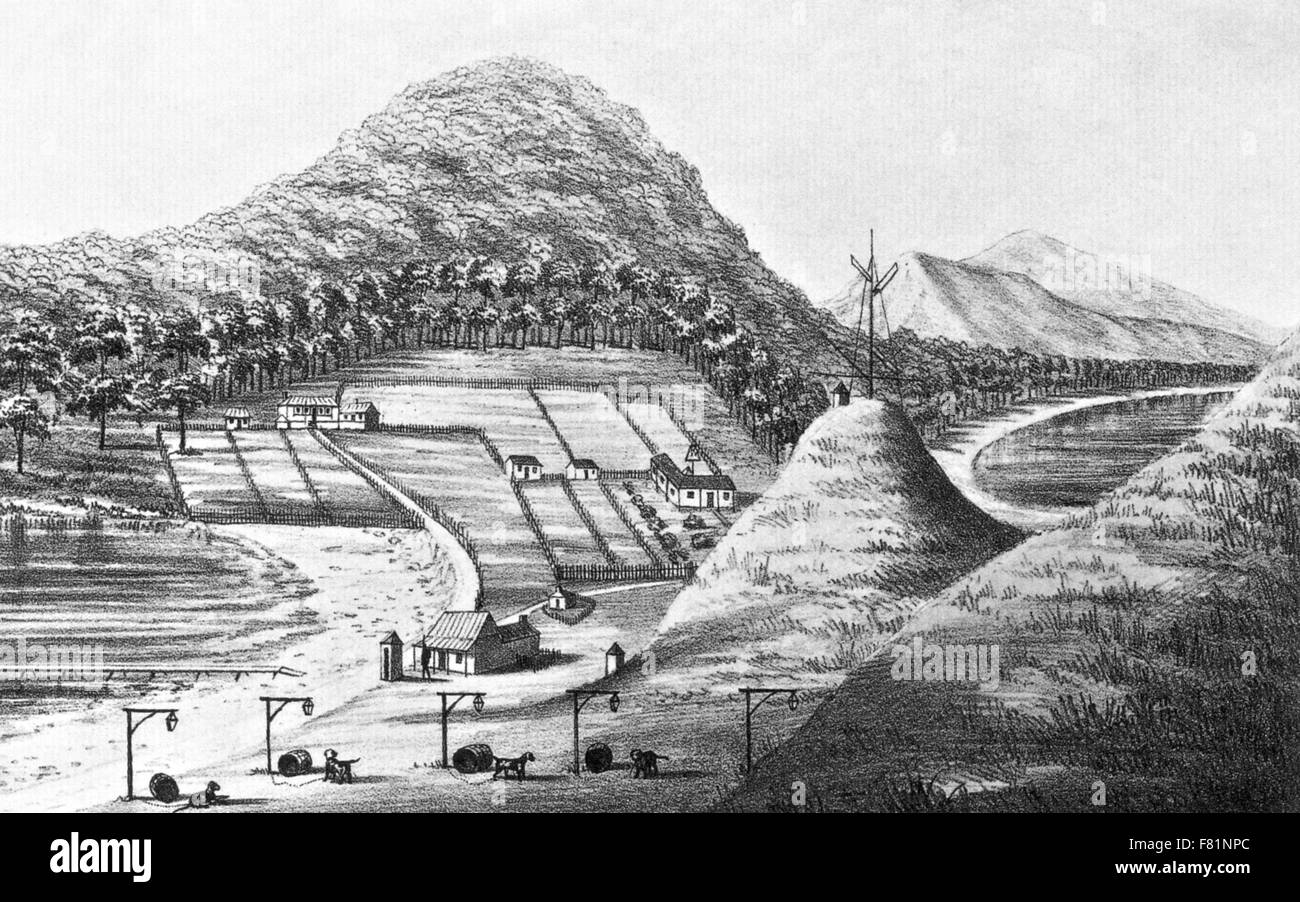 EAGLE HAWK Hals Gefängnis von Port Arthur, Tasmanien, eröffnet im Jahre 1830. Beachten Sie die Wachhunde. Stockfoto