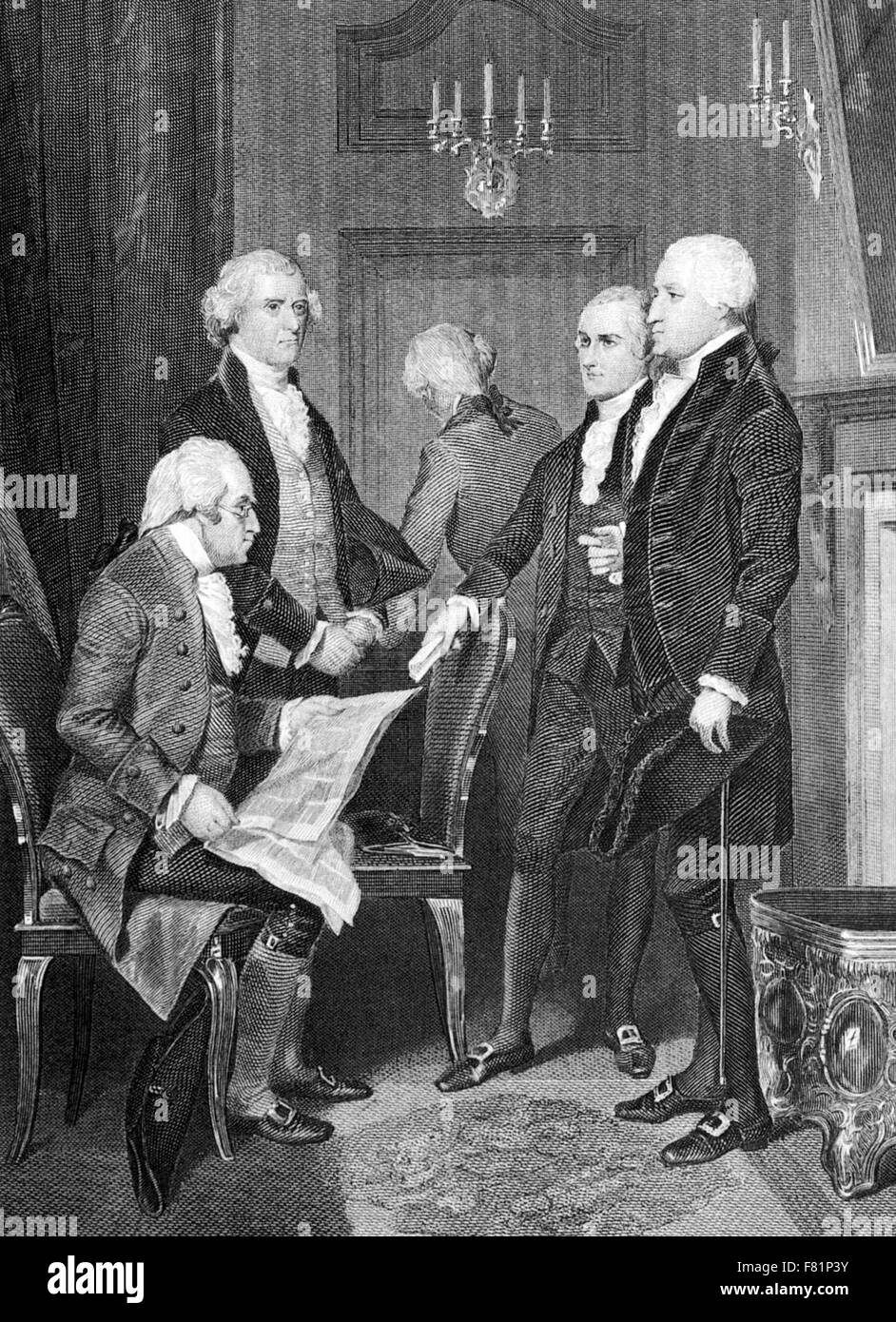 HENRY KNOX (1750-1806) Minister fuer Krieg sitzend mit von links Thomas Jefferson, Alexander Hamilton President George Washington etwa 1790 Stockfoto
