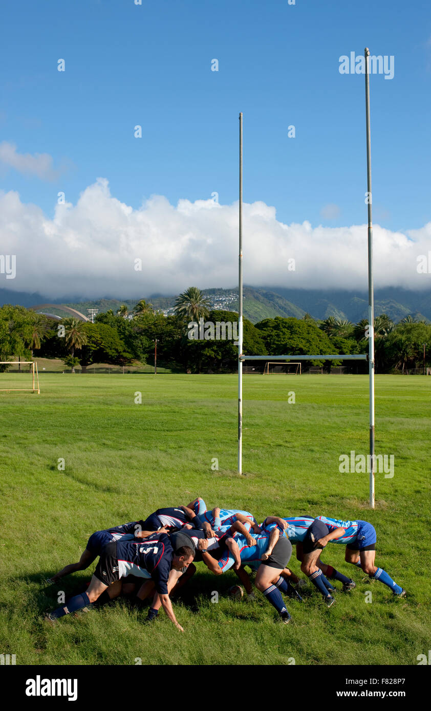 Scrum von einem Rugby-Spiel Stockfoto
