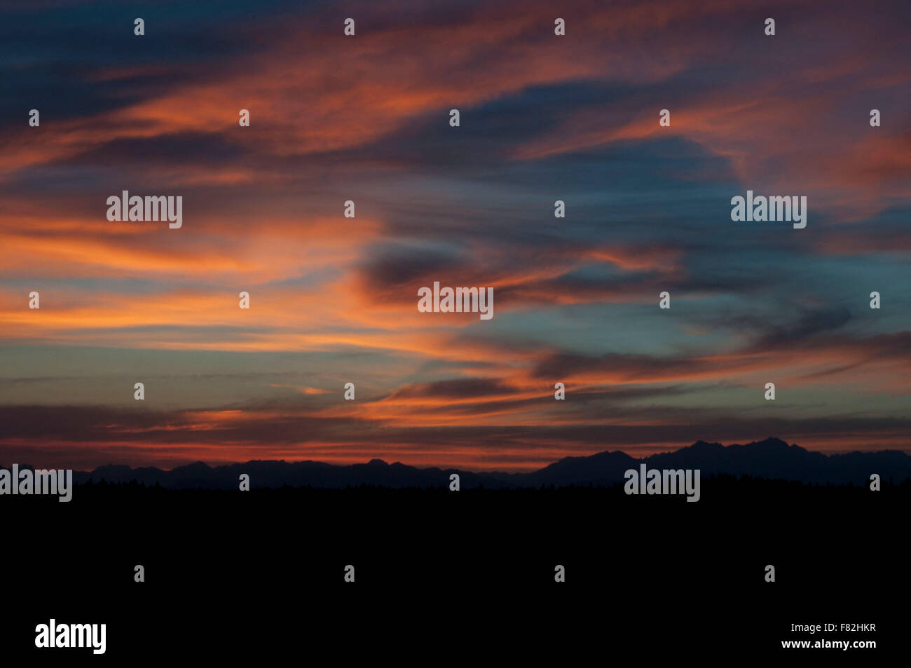 Sonnenuntergang über die Olympic Mountains fotografiert in der Nähe von Shelton, WA, Mason County, USA. Stockfoto