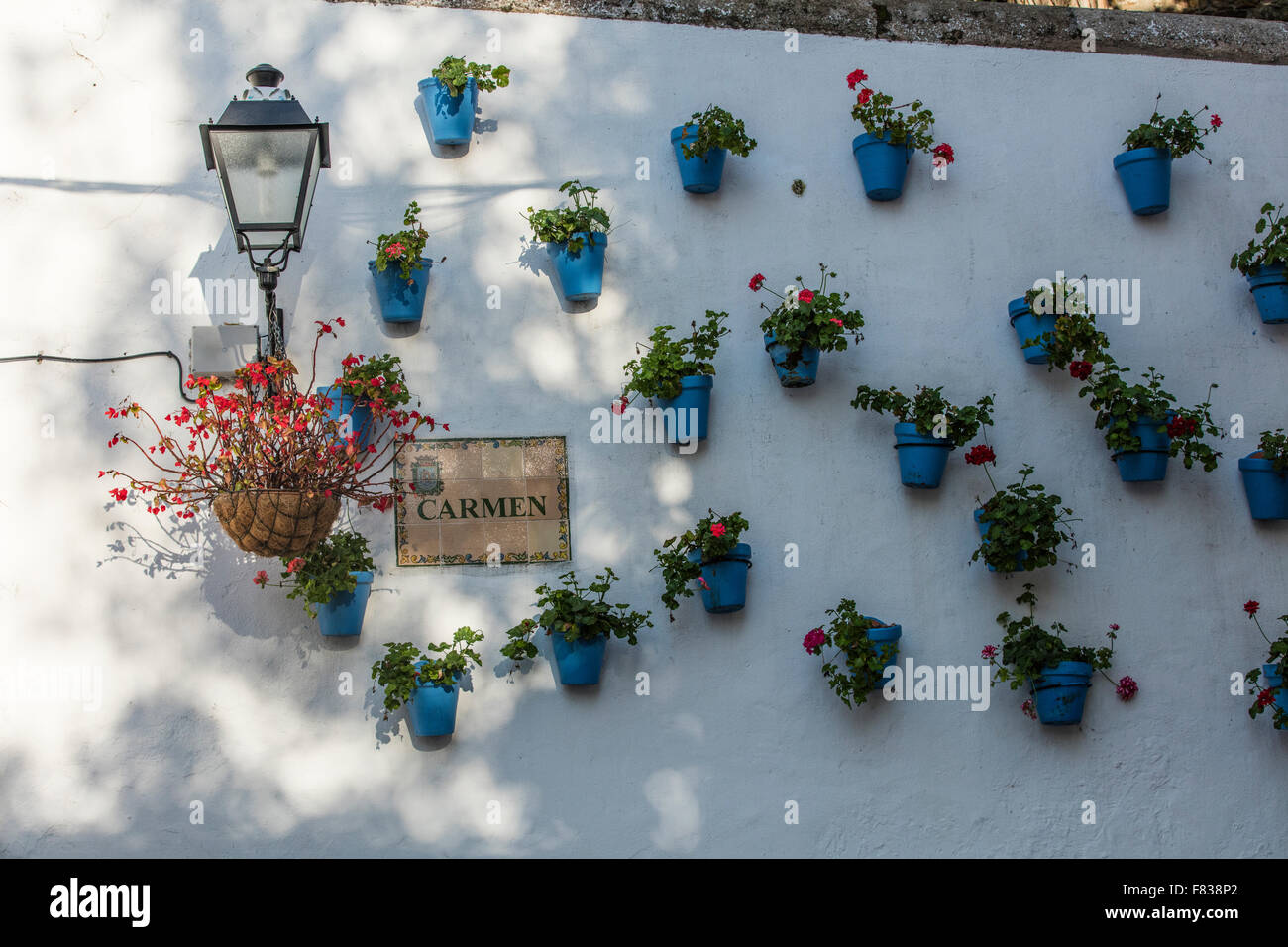 Geranien in blaue Blumentöpfe an einer Wand in Marbella in Spanien Stockfoto