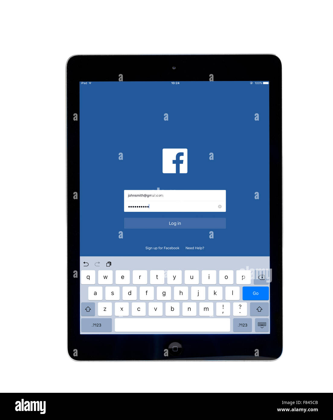 Melden Sie sich an die Seite auf der Facebook-app auf einem iPad Air angesehen Stockfoto
