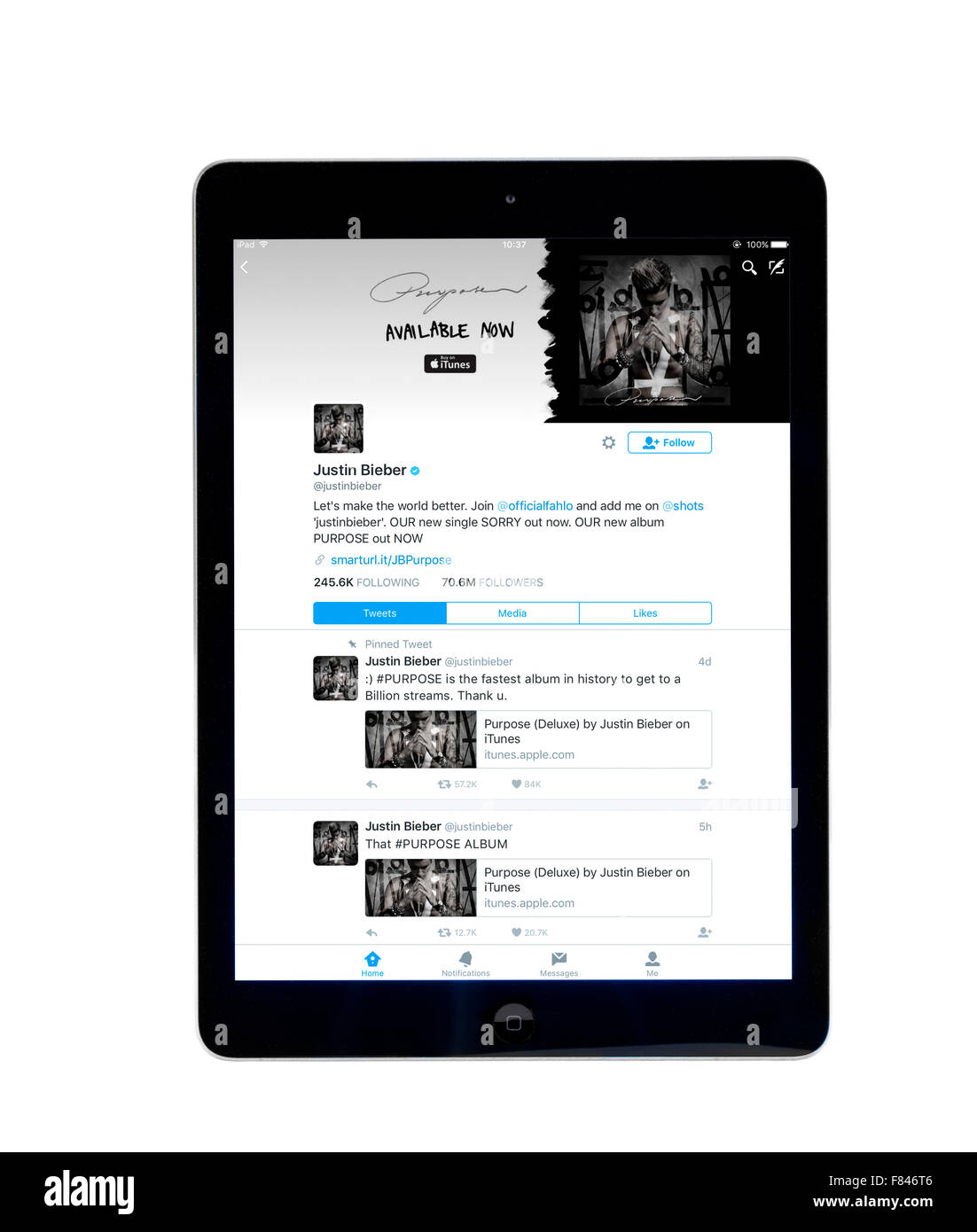 Justin Bieber-Homepage auf der Twitter-app, die auf ein iPad Air angesehen Stockfoto
