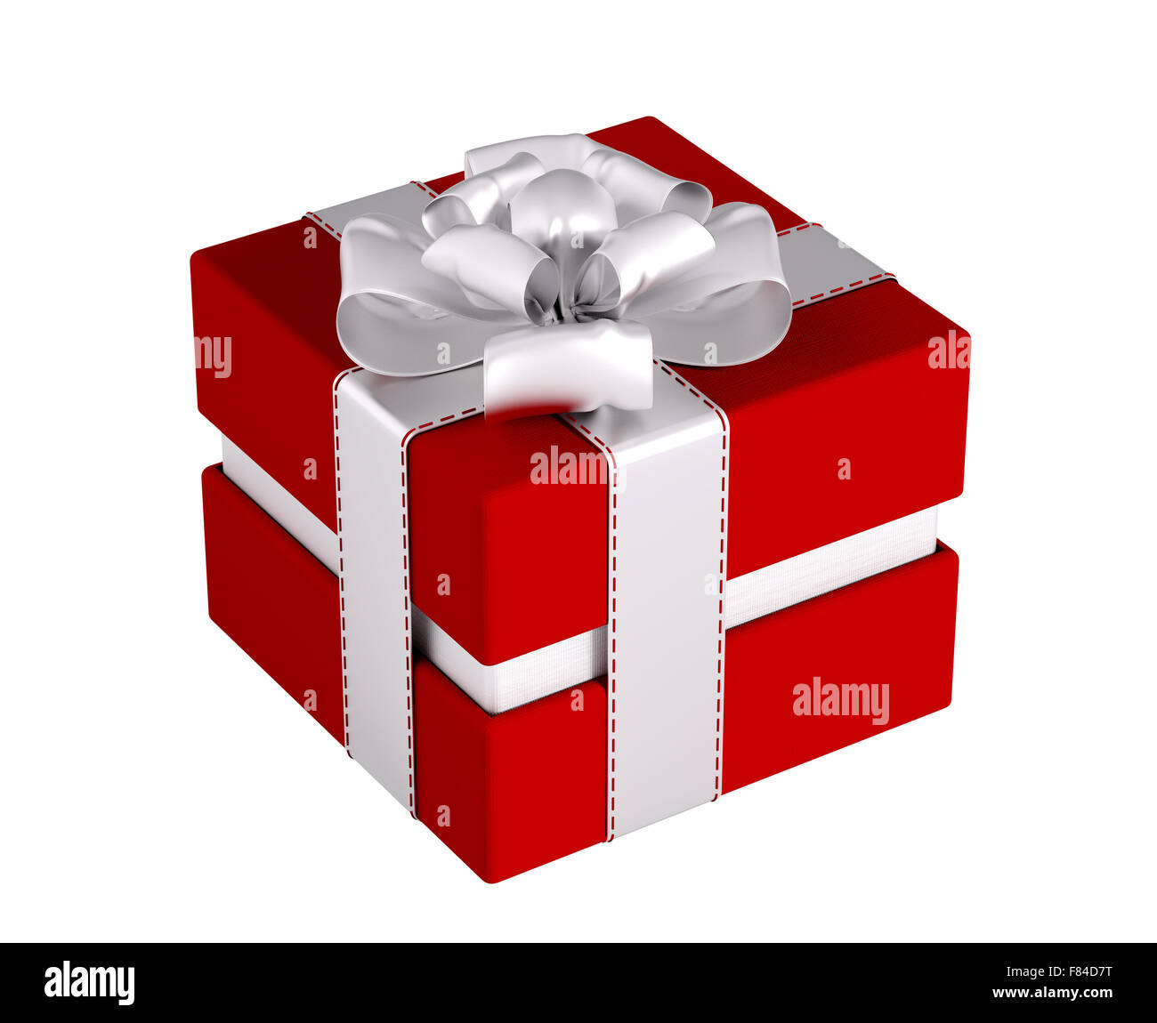 Roter Geschenkbox mit Silver Bow und Farbbänder isoliert 3D-Rendering Stockfoto