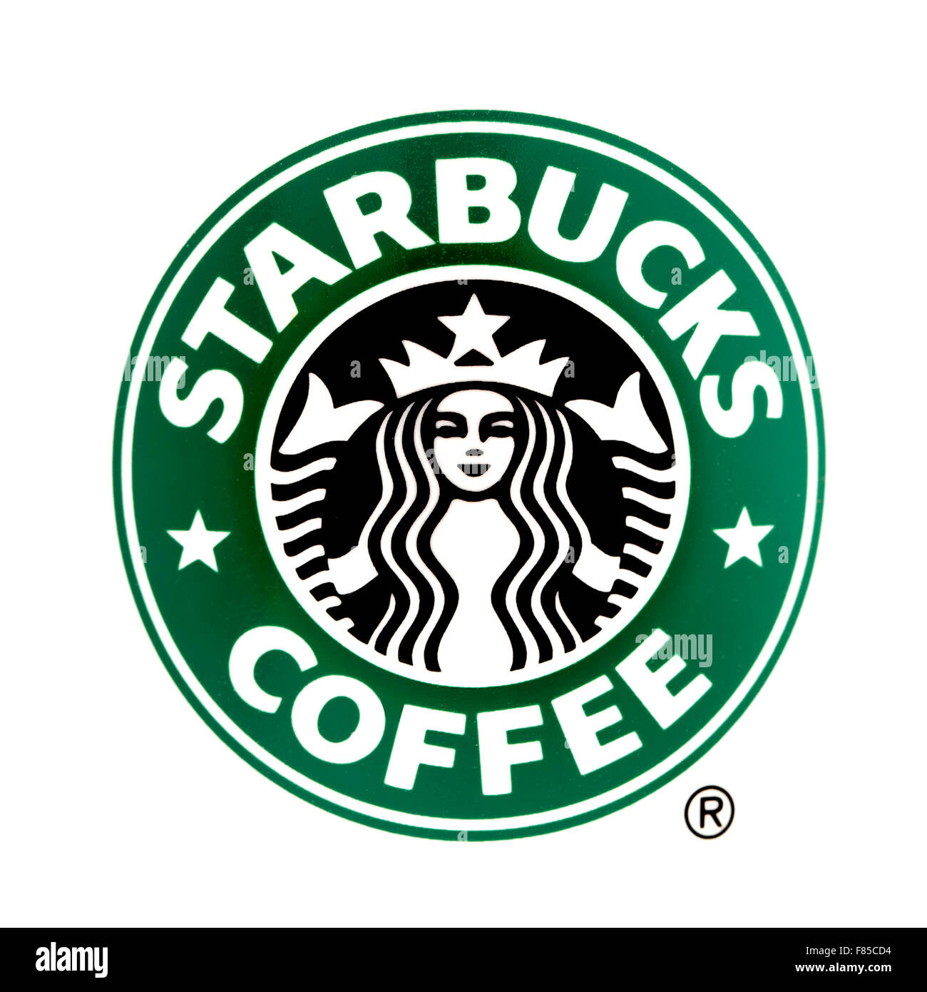 Starbucks-Logo auf weißem Grund, Starbucks ist das größte Kaffeehaus-Unternehmen der Welt Stockfoto
