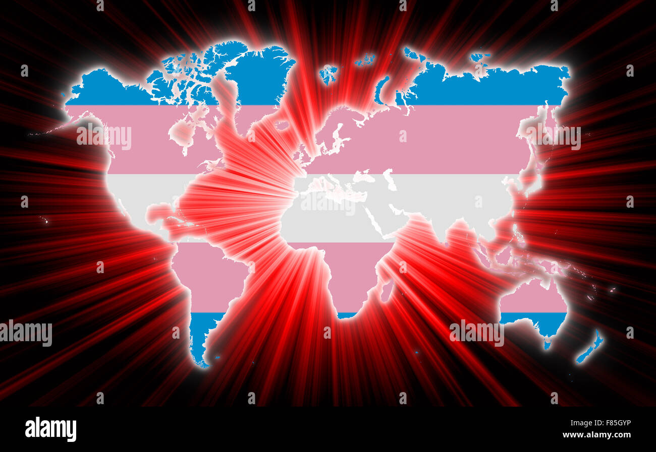 Weltkarte mit Starburst auf Hintergrund, Trans Pride Stockfoto