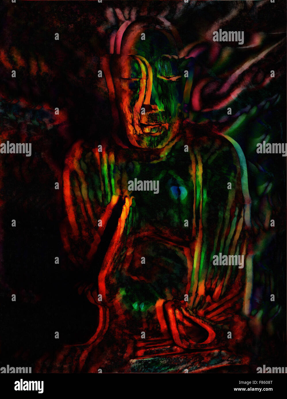 Silhouette der Buddha im Lotussitz bunte Grunge Hintergrund Stockfoto