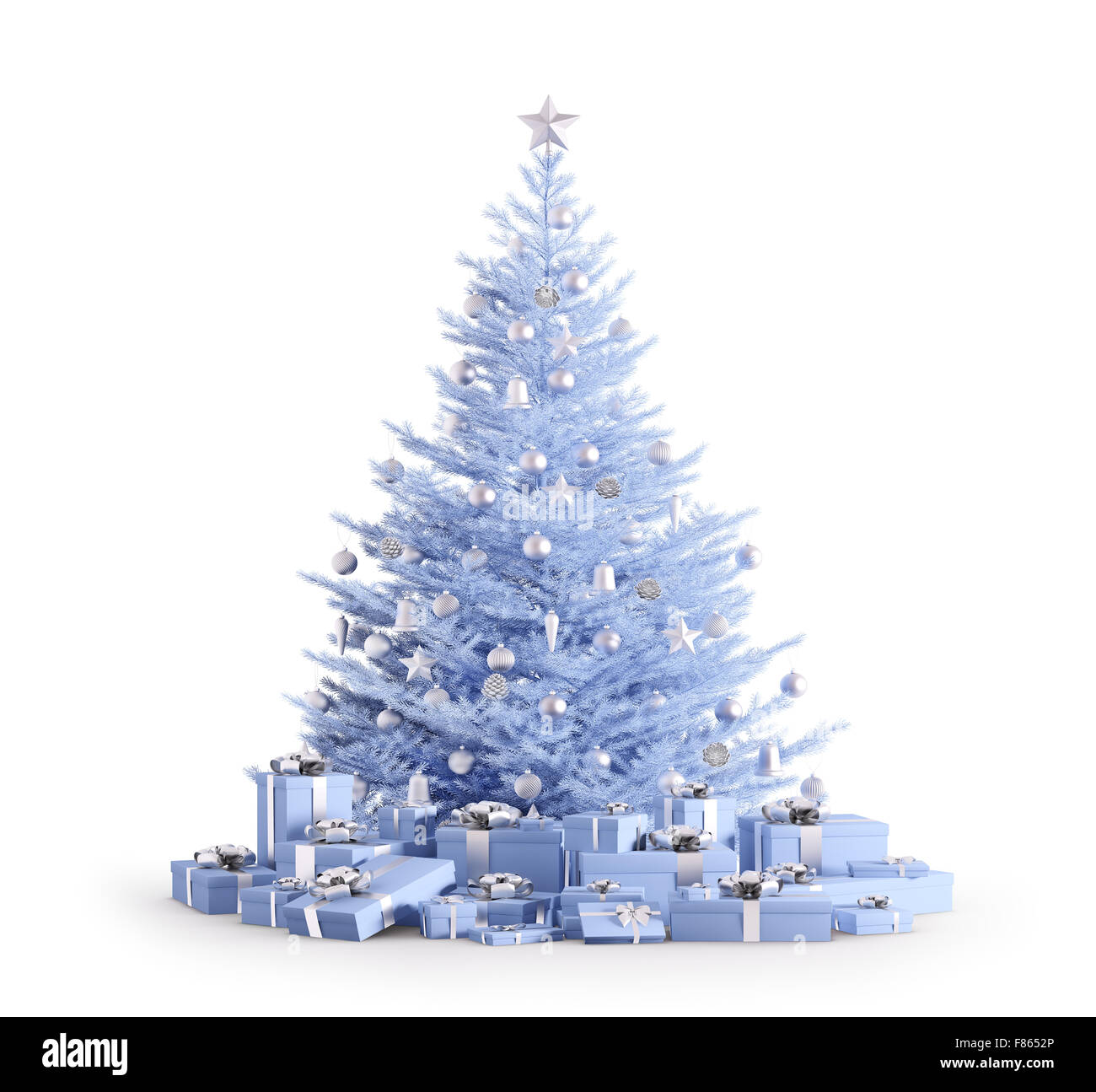 Blaue Weihnachtsbaum mit silbernen Kugeln, Geschenke isoliert über Weiß 3D-Rendering Stockfotografie