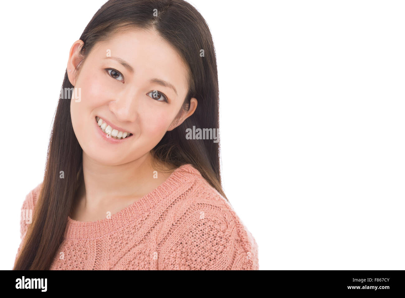 Ein Kopfschuss von einer Japanerin in hören Anfang der 30er Jahre auf einem weißen Hintergrund. Stockfoto