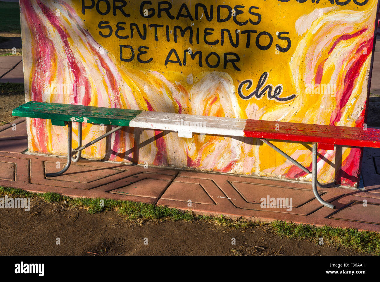 Chicano Park, Bank, Wandbild, Artwork, urban, Barrio Logan. San Diego, California, Vereinigte Staaten von Amerika. Stockfoto
