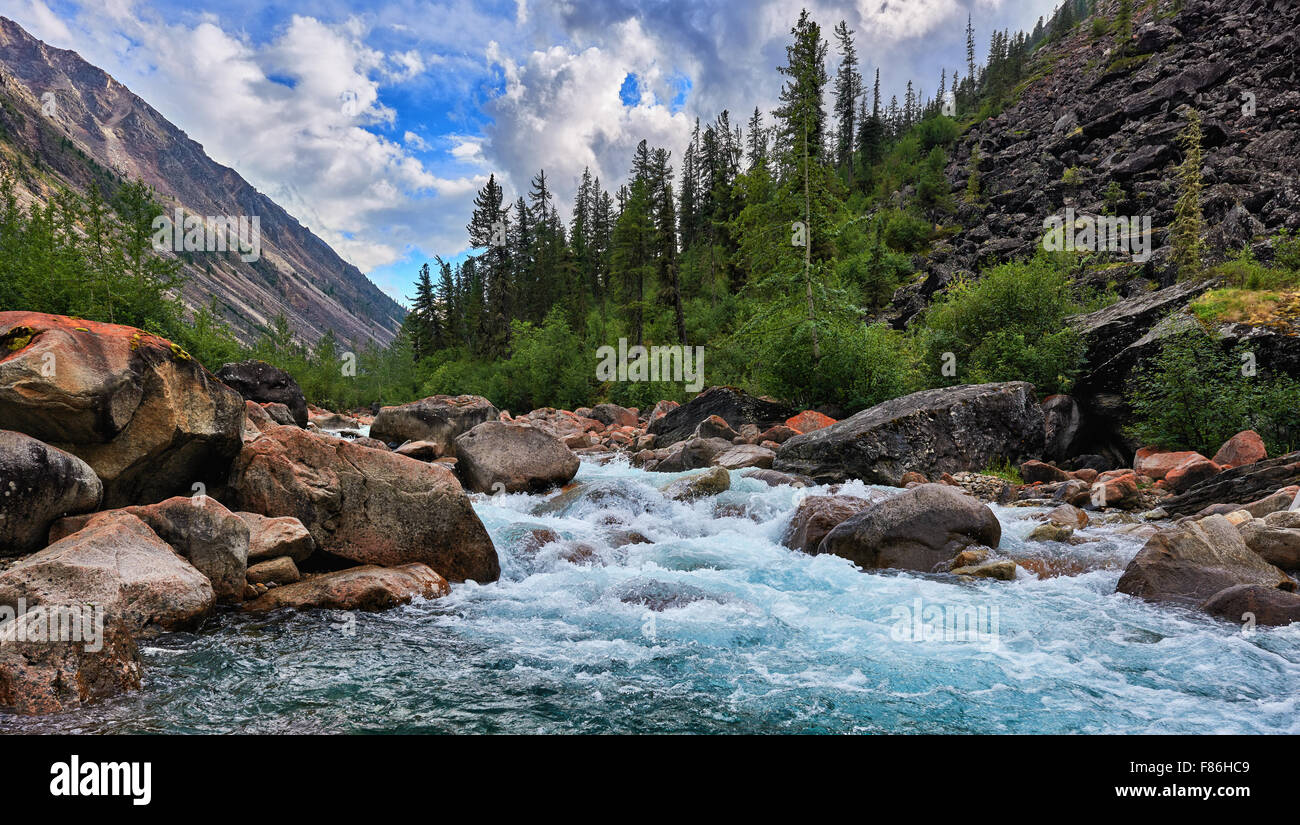 Sauberes Wasser von einem Bergfluss in Sibirien. Russland Stockfoto