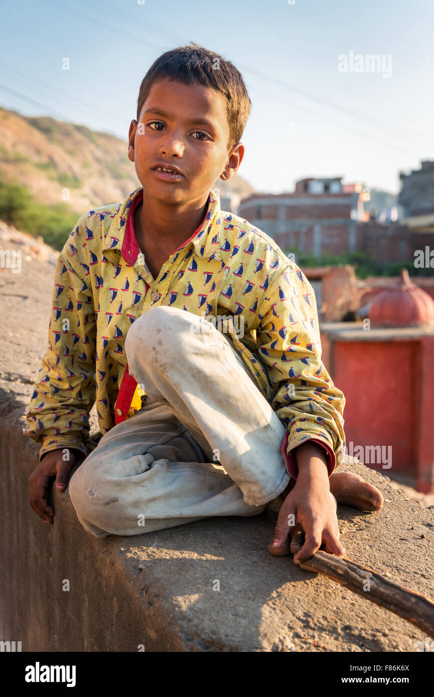 Junge, Porträt, Galtaji, ´s Balaji, Jaipur, Rajasthan, Indien Stockfoto