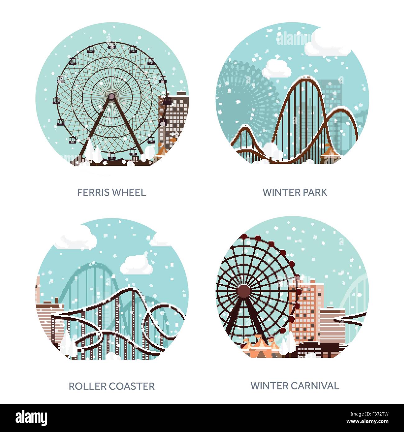 Vektor-Illustration. Riesenrad. Winter-Karneval. Weihnachten, Neujahr. Park mit Schnee. Achterbahn. Stock Vektor